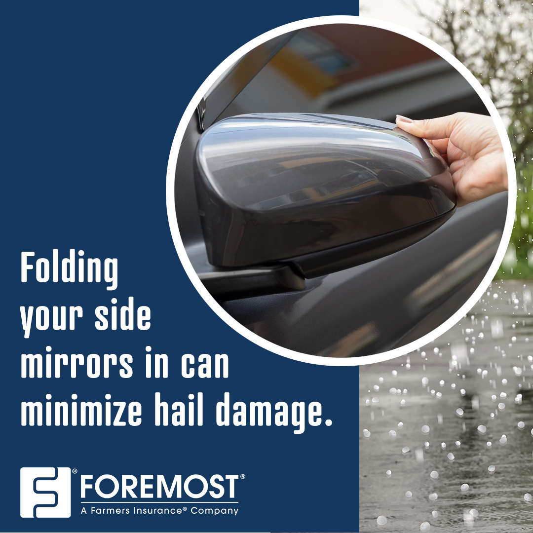 “Folding your side mirrors in can minimize hail damage” text on top of an image of a person folding in their side mirrors.